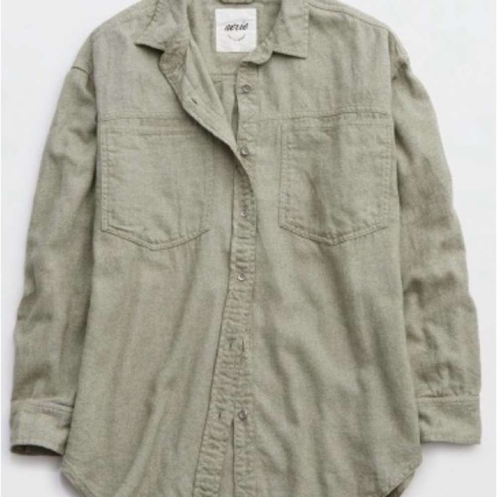 Aerie Anytime Twill Shirt Green Lightweight Spring Summer Top Size S
